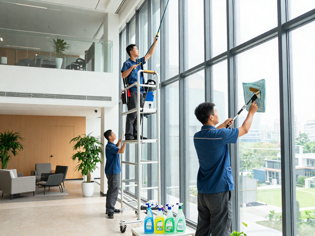 Professionelle Gebäudereinigungsfirma in Dortmund reinigt Fenster und Fassaden mit modernem Equipment