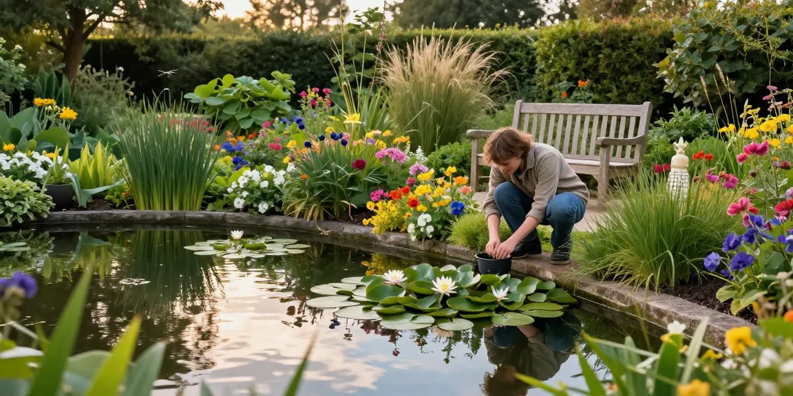 Beautiful British pond plants flourishing in a serene garden setting with a gardener planting