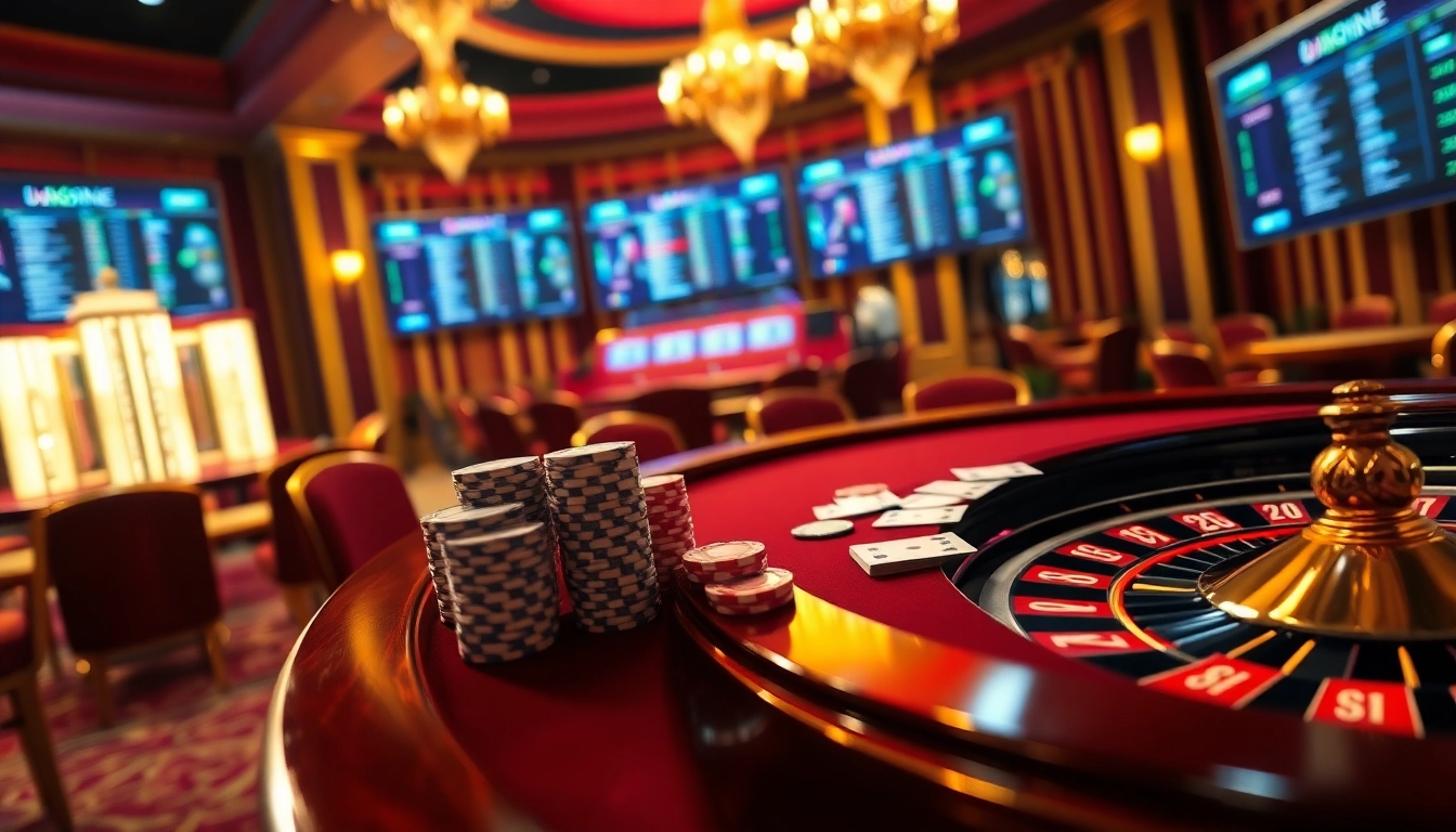 Exciting casino scene with u888 betting options, featuring a luxurious poker table and roulette wheel.