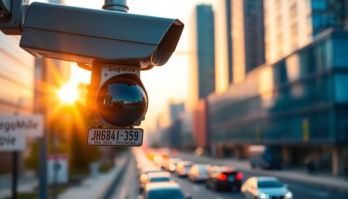 Capture of a license plate recognition camera analyzing vehicle plates in a vibrant urban scene.