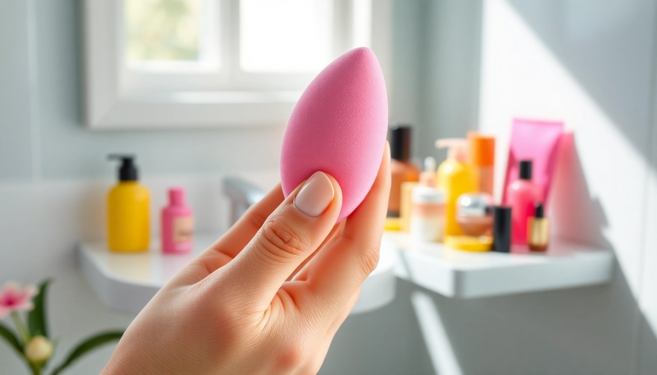 Applying silicone sponge makeup for a flawless beauty look with vibrant colors and natural light.