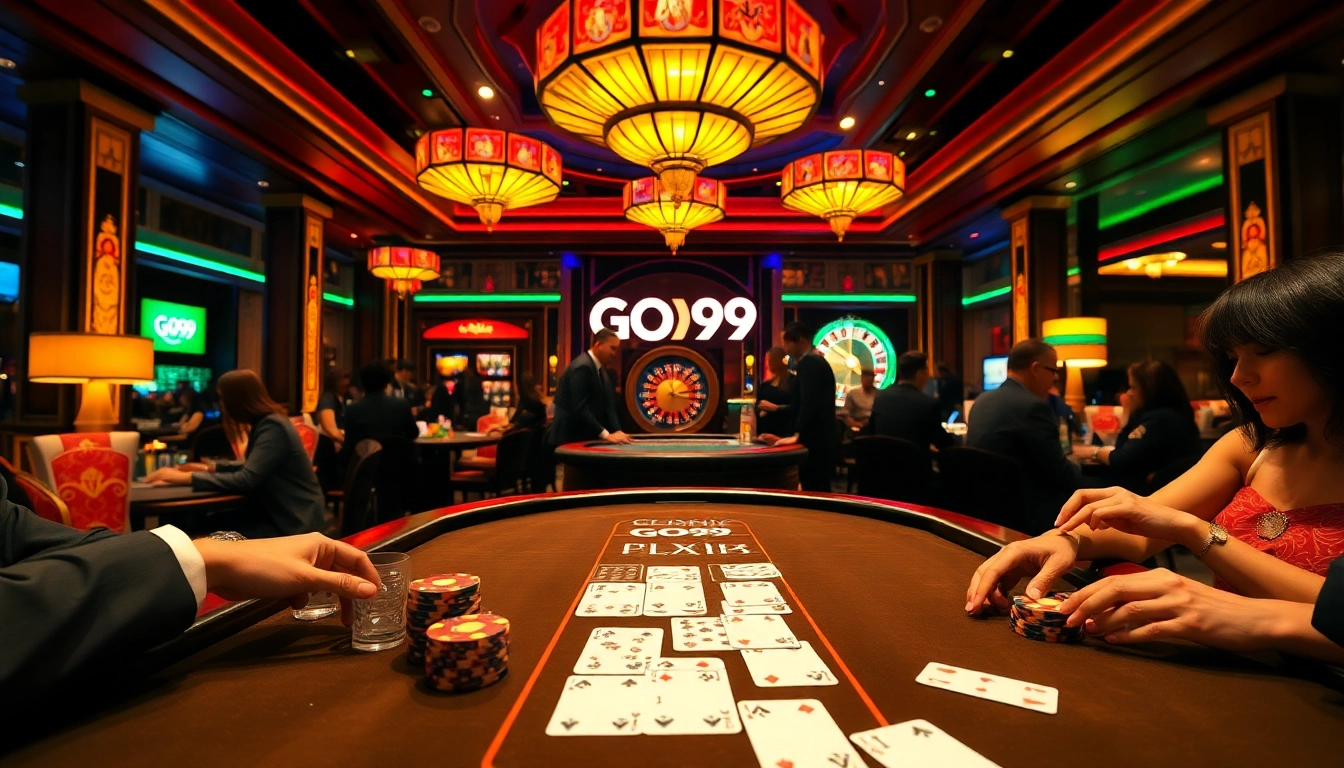 Engage in high-stakes poker action at the luxurious GO99 casino, featuring vibrant gaming tables and excited players.