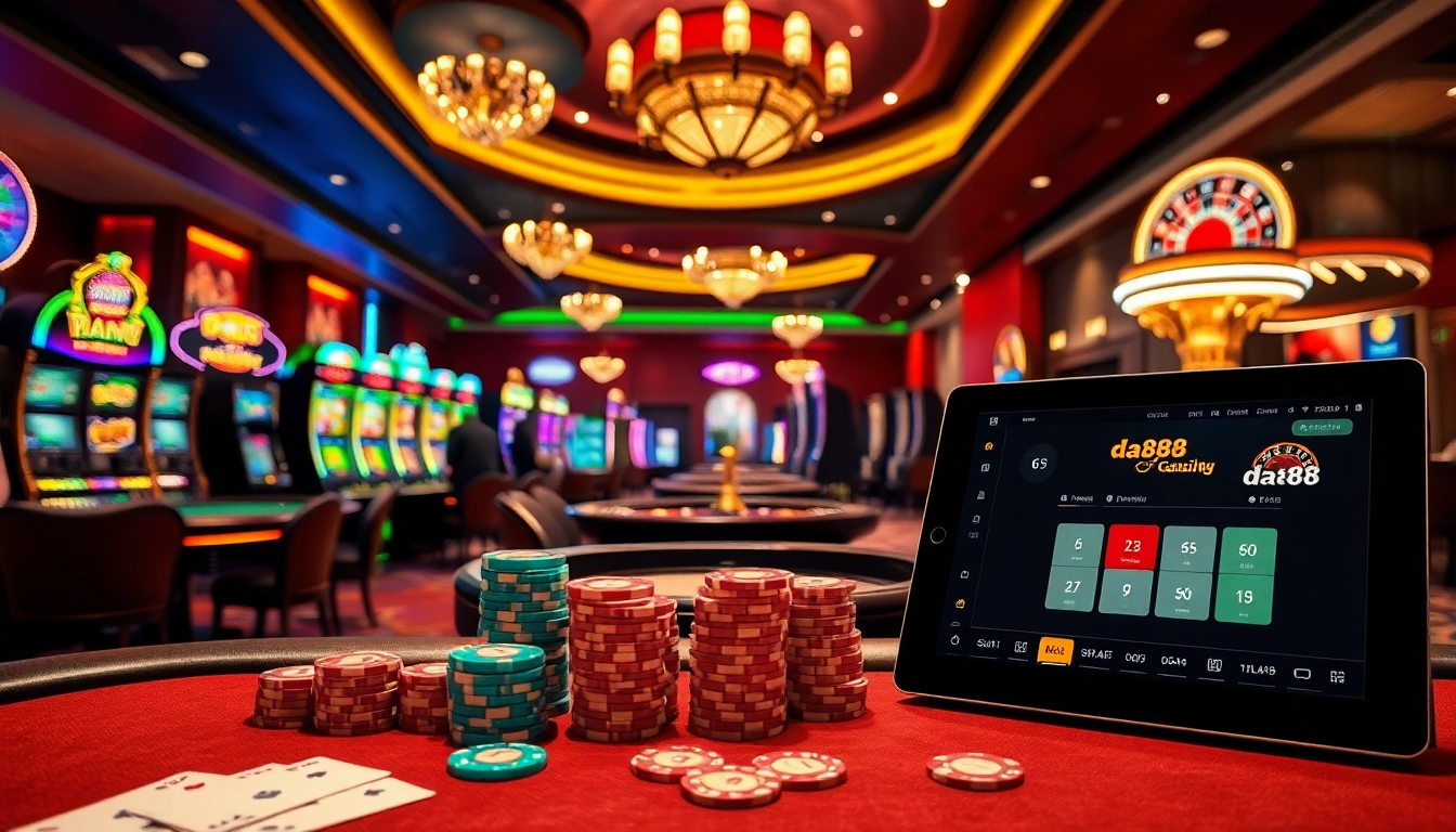 Experience thrilling casino action with da88-themed poker chips and vibrant slot machines.