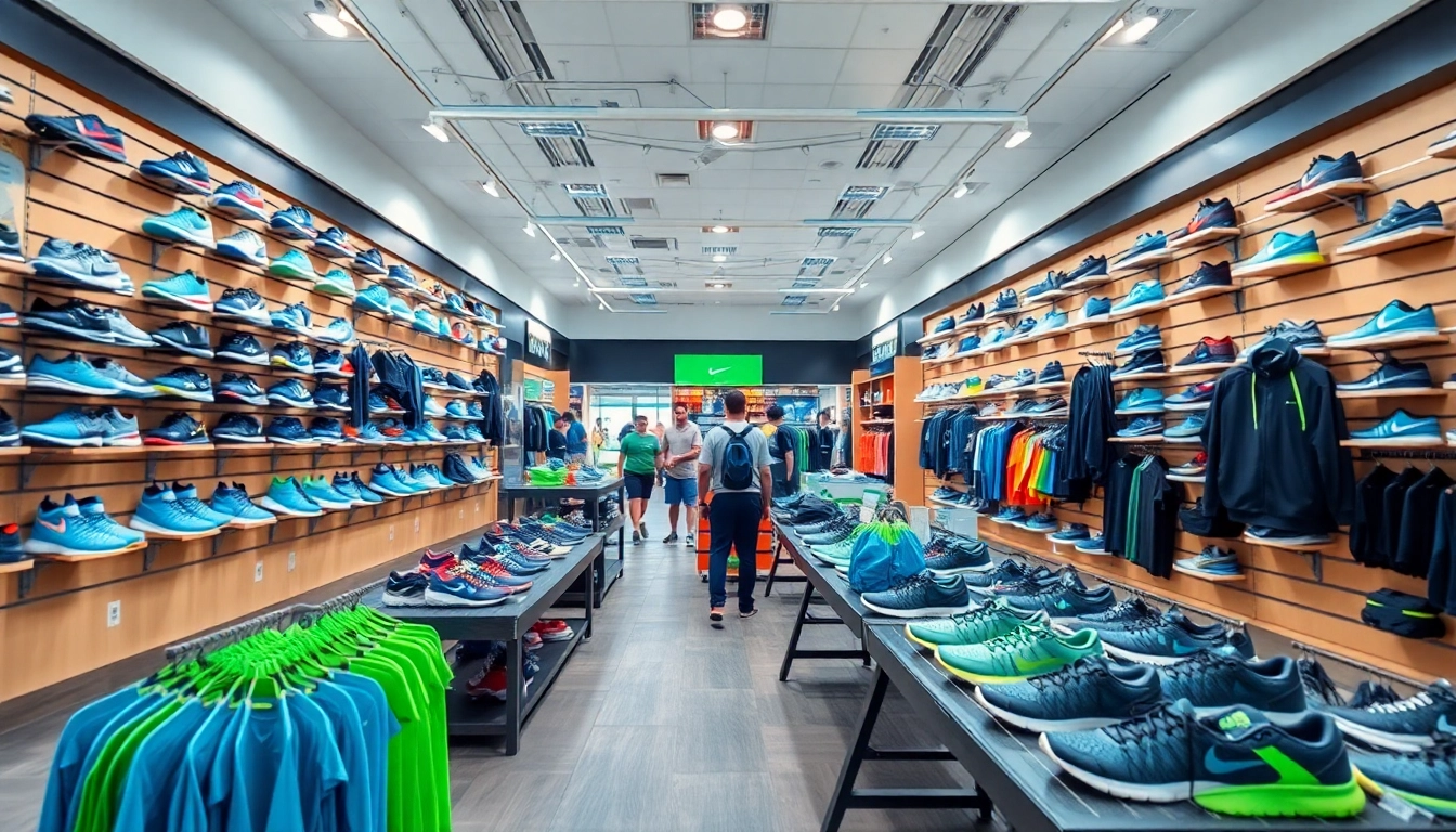 Compra en tienda de deportes con variedad de equipos y ropa deportiva.