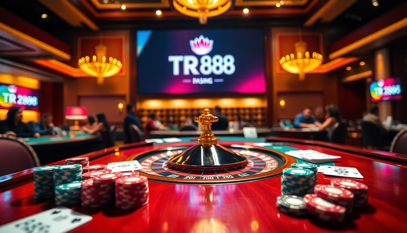 Experience luxury and excitement at TR88's online gambling tables, featuring vibrant chips and cards.