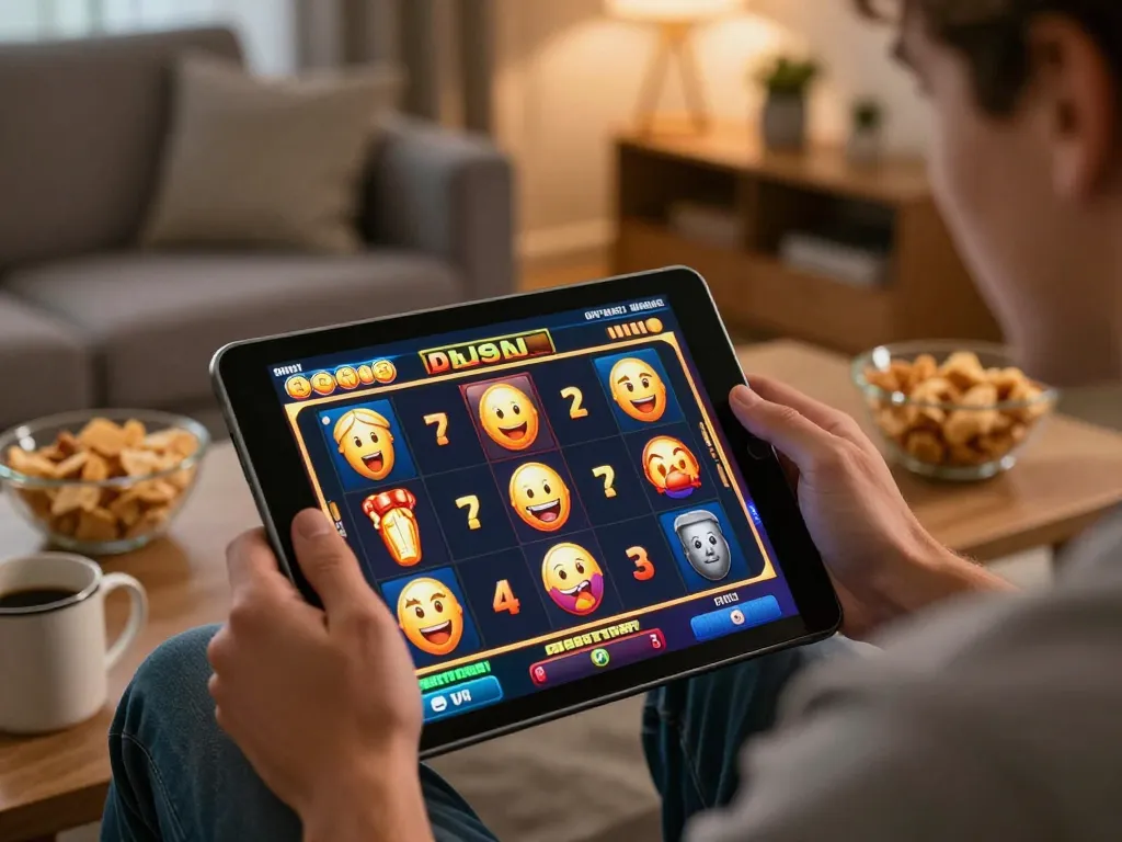 Pemain merayakan kemenangan di permainan slot online bintangmpo dengan tablet di ruang tamu yang nyaman.