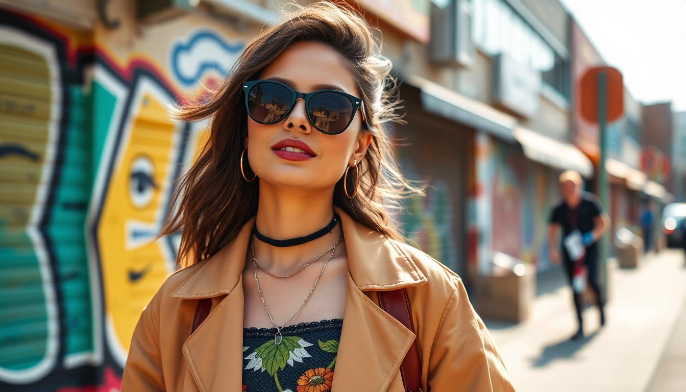 Fashion forward model displays modern trends in a vibrant urban setting.