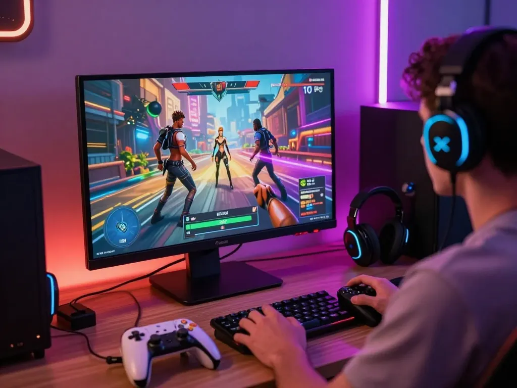 Immersive scene of a player engaging with xxx games on a high-resolution monitor in a vibrant gaming setup.