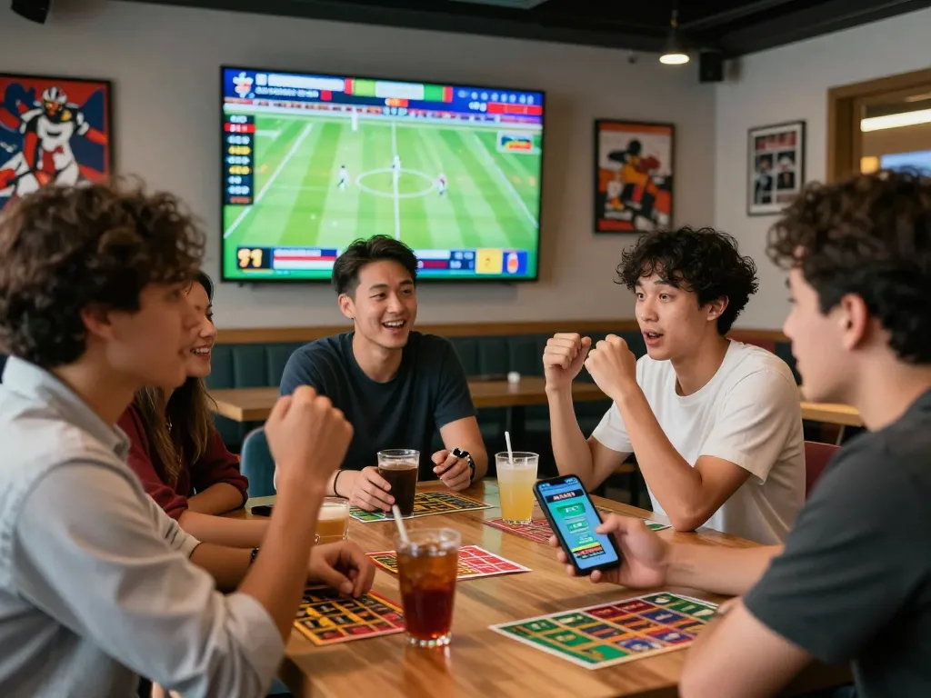Kèo nhà cái displayed on large screen in vibrant sports lounge, friends engaged in betting excitement.