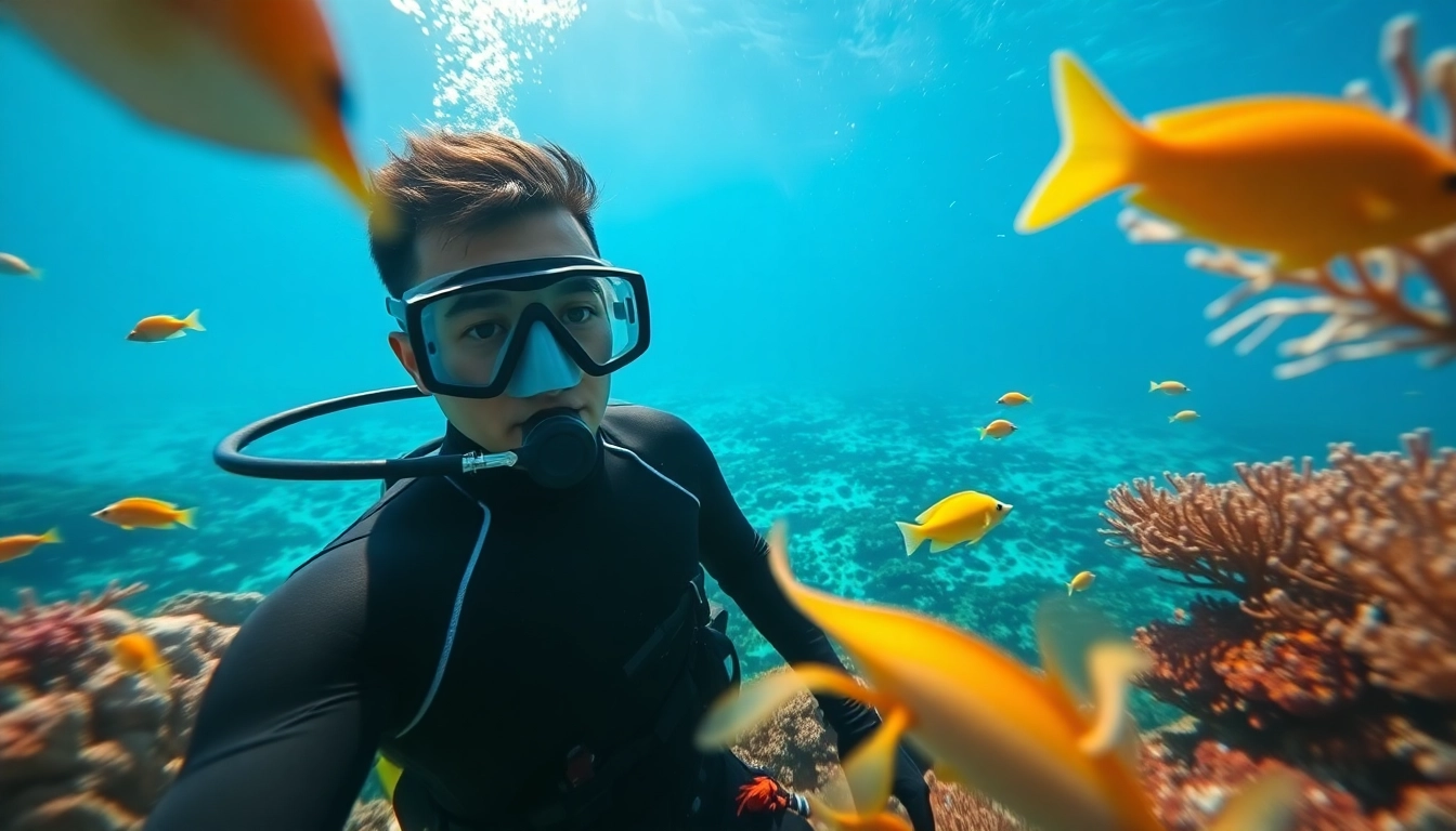 Tauch Ausbildung: Professioneller Taucher in Ausbildung präsentiert sich unter Wasser mit bunten Meereslebewesen.