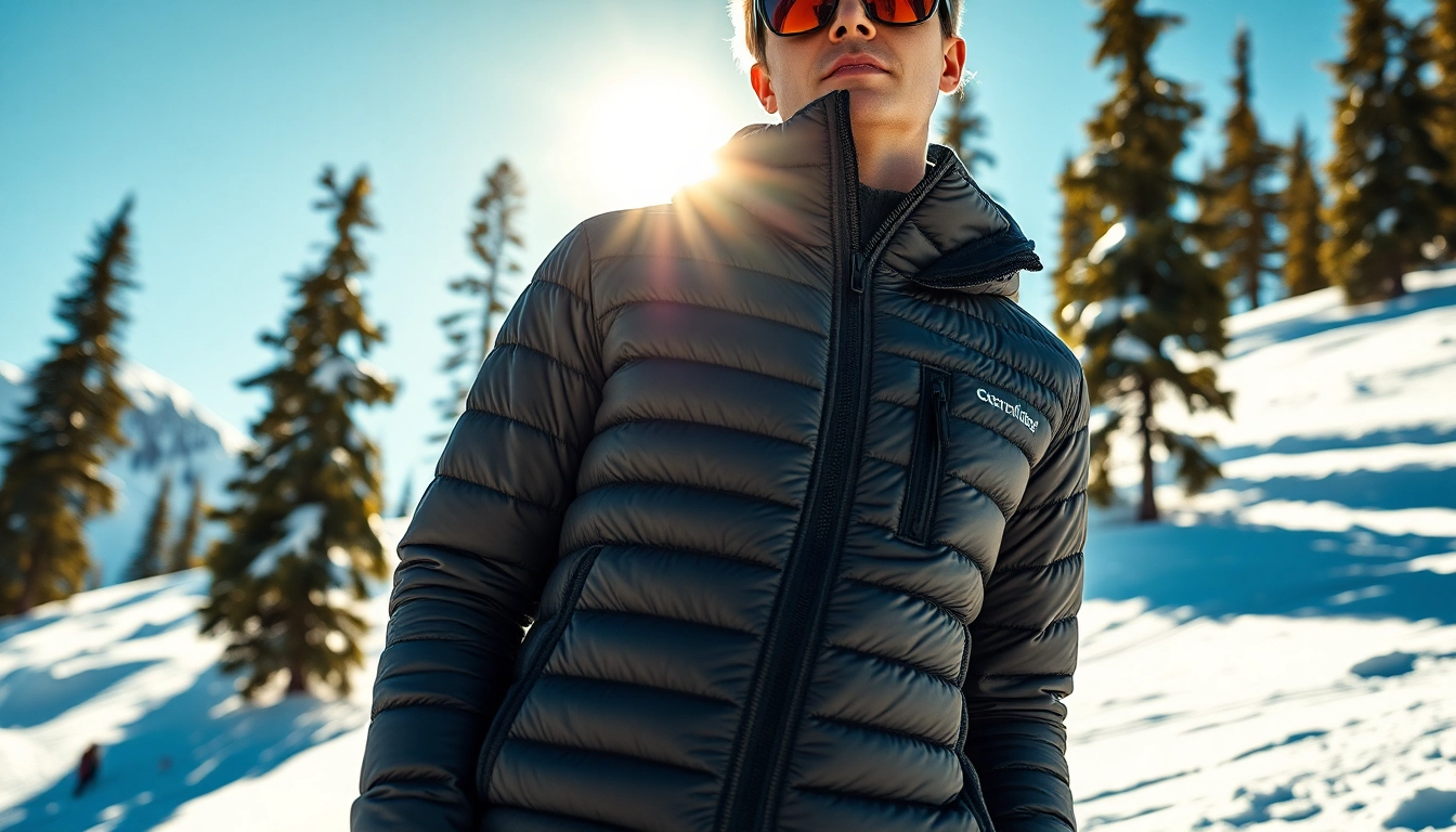 Model wearing down ski jackets on a snowy slope, showcasing fabric and stylish design.