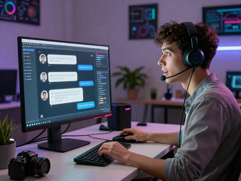 User interacting with an engaging nsfw chat bot interface in a modern tech workspace.
