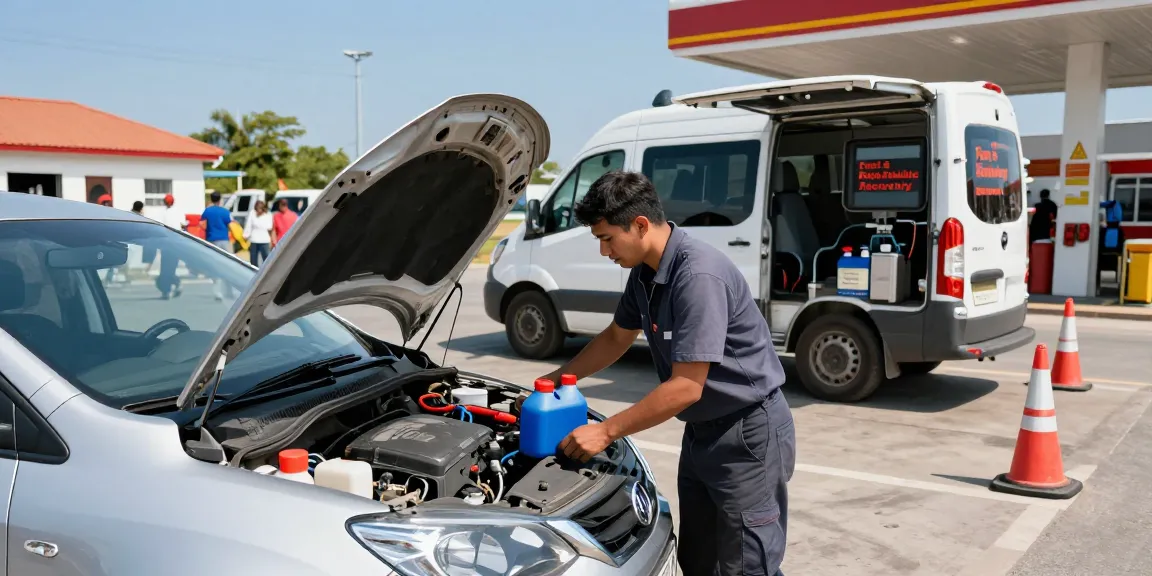 The technician performing fast service on a diesel car with Adblue in diesel car issue at a busy fuel station.