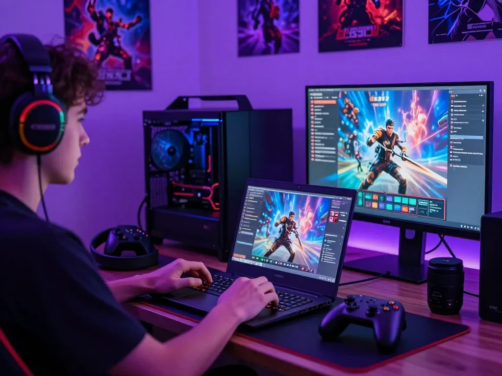 Engaged gamer playing on a laptop in neon purple lighting, showcasing mantra88 gaming excitement.