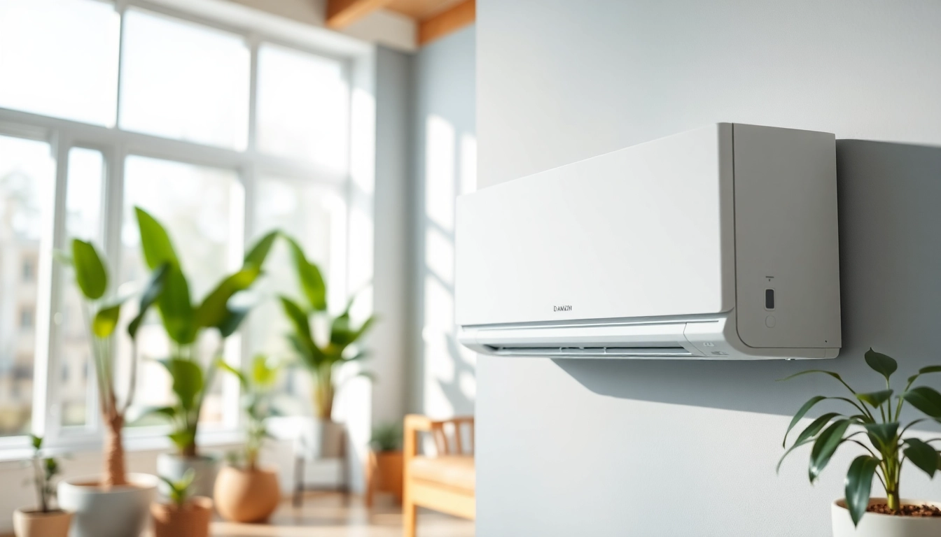 Showcasing a Daikin mini split AC seamlessly fitting into a modern living room setting.