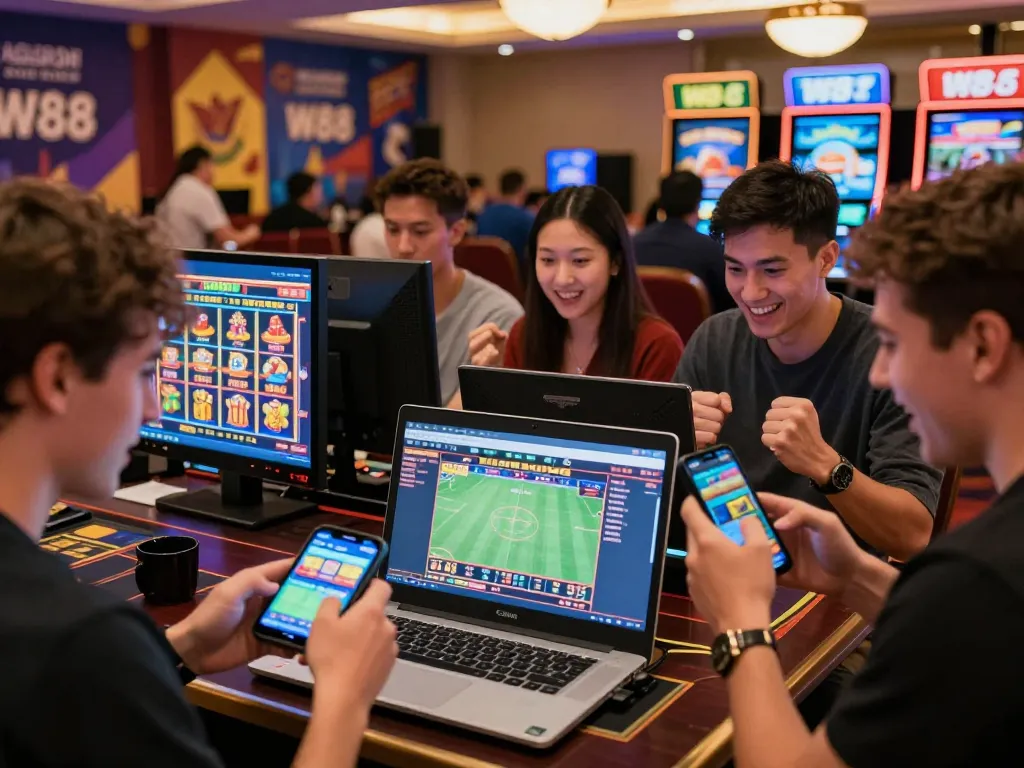 Excited players enjoying the thrill of W88 online gambling with mobile and laptop, vibrant casino atmosphere.