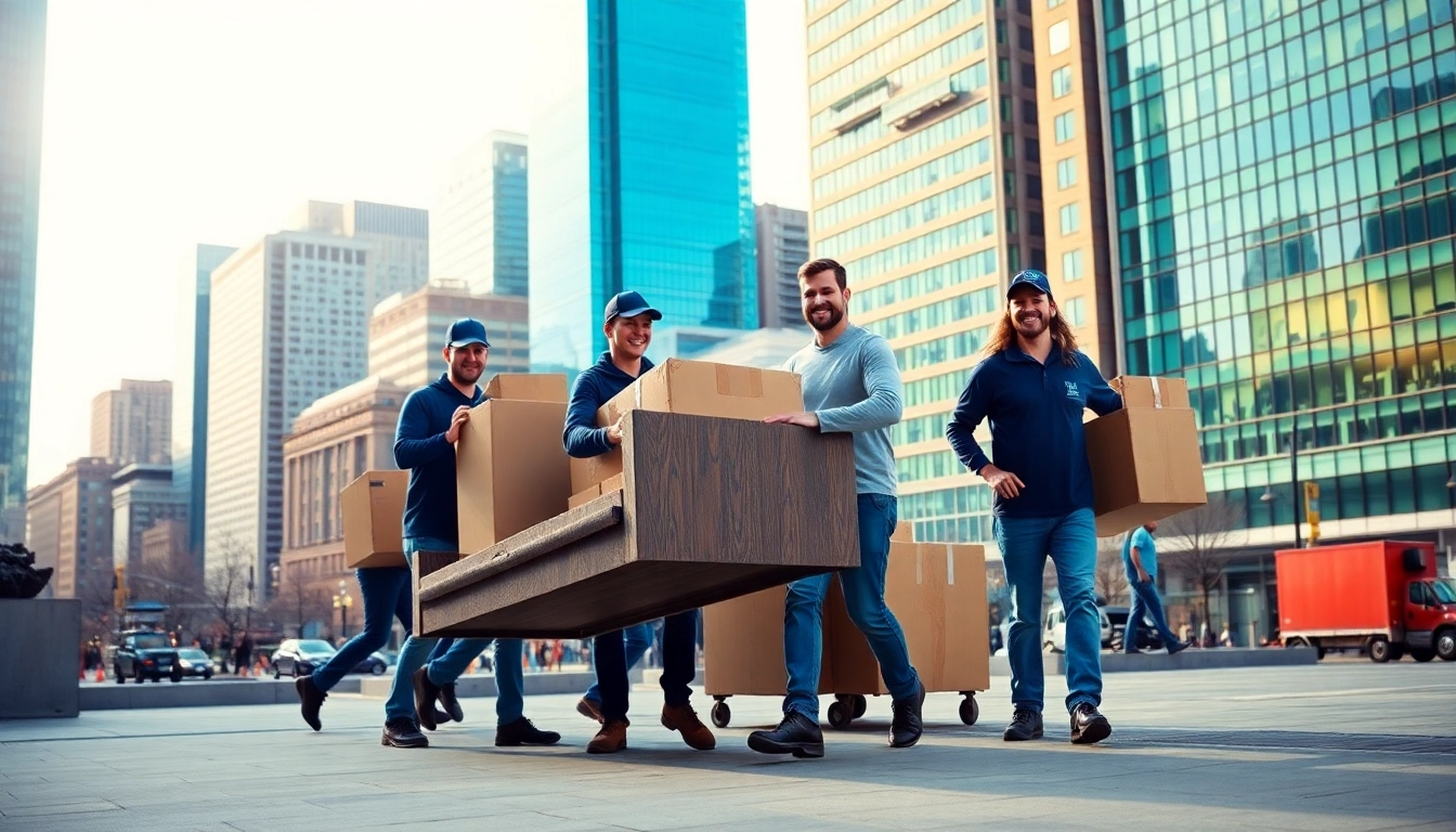 Movers in Boston carefully relocating furniture with the skyline in the background.