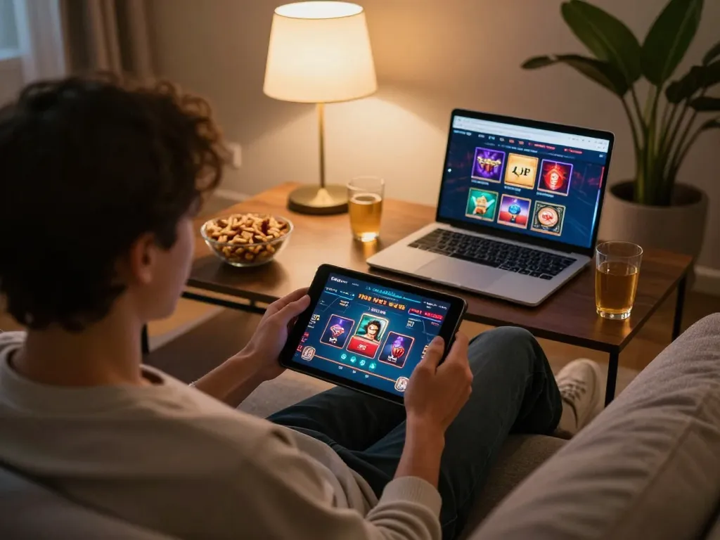 Person enjoying online poker at home using okwin on a tablet amidst cozy decor