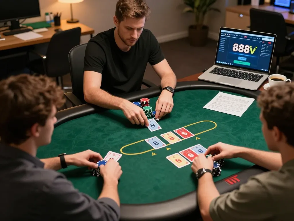 Experience exciting gameplay at 888vi with poker strategies and community interactions visible.