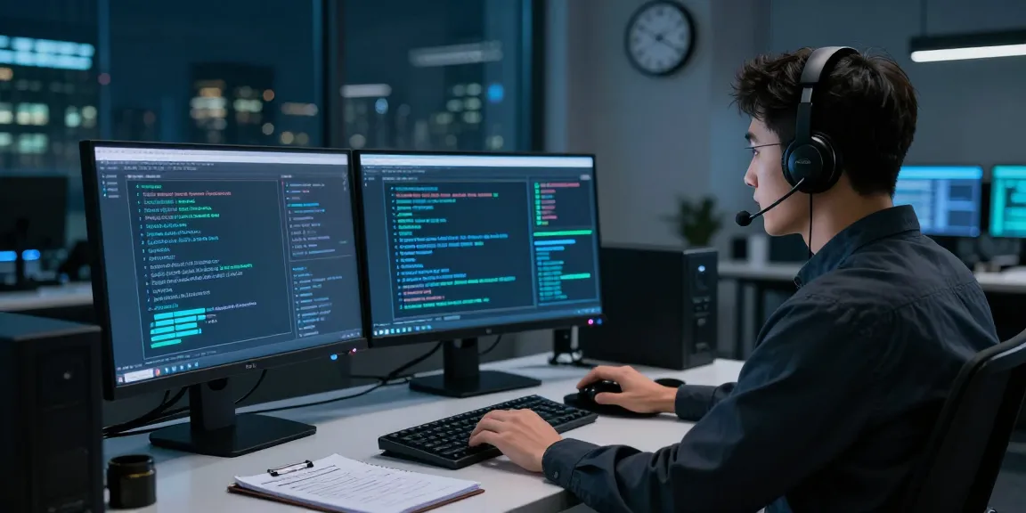 Cybersecurity professional analyzing network threats at a workstation for shs-dome5.com, featuring high-end tech equipment, ambient lighting, and a focused atmosphere.