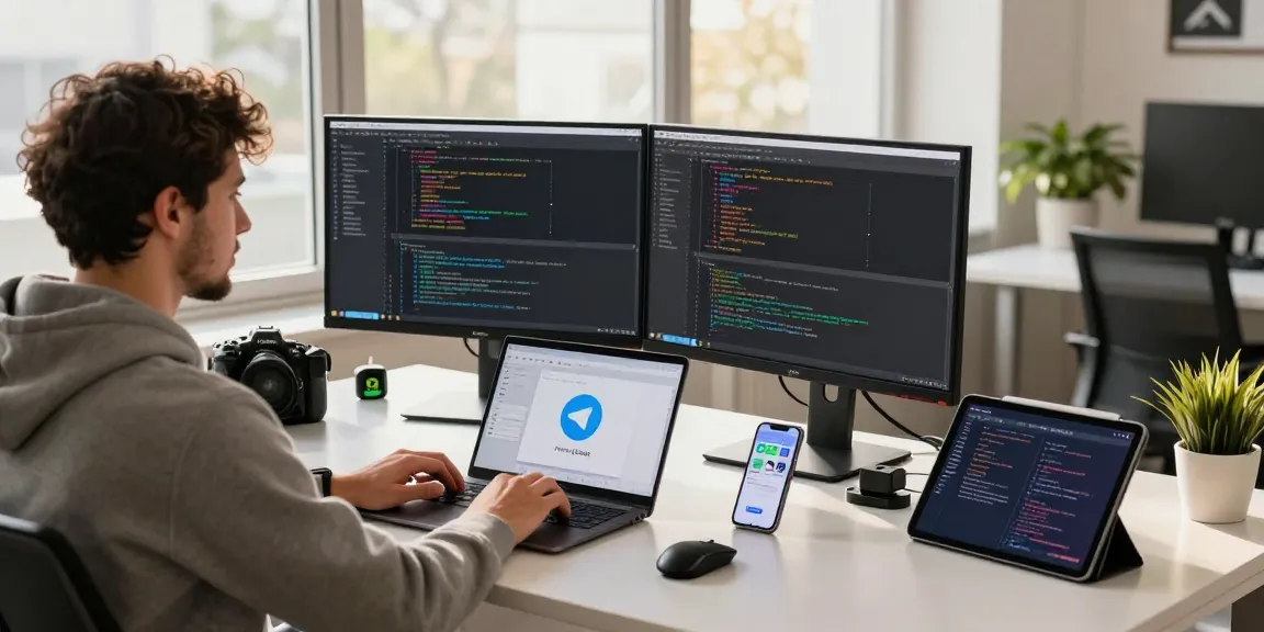 Engaged software developer coding Telegram app while exploring 纸飞机下载 in a modern office workspace.