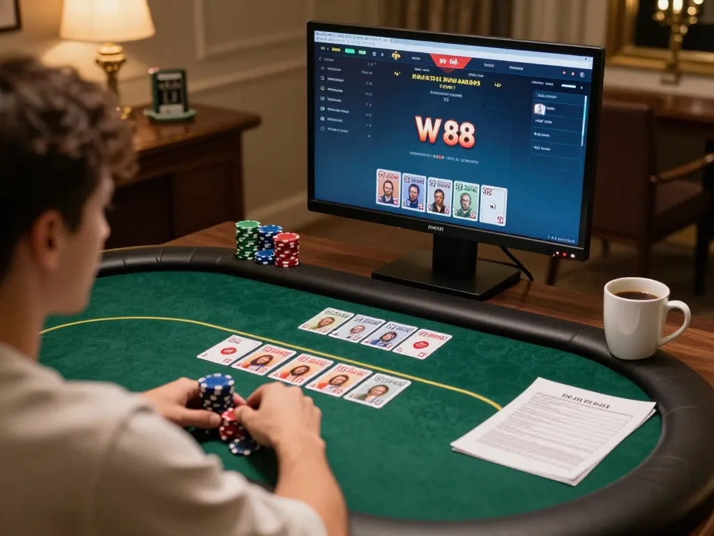Engage in online gaming at W 88 poker table, showcasing action-packed gameplay and strategic decisions.
