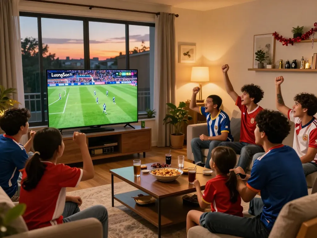 Fans enjoying a thrilling live football match on LuongSonTV with exciting atmosphere and cozy setting.