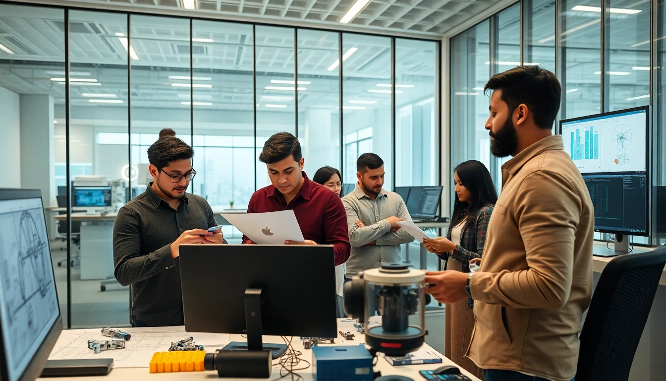 Engineers collaborating in a design and engineering workspace, showcasing innovative prototypes.