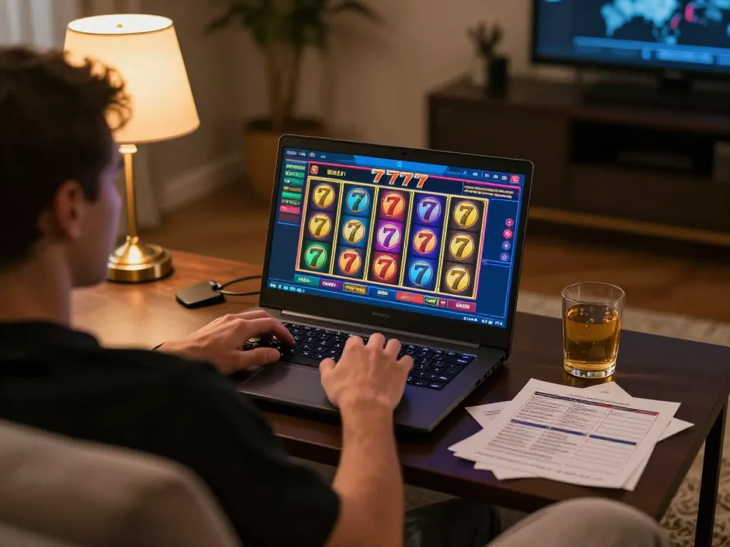Engaging with slot777 online interface from home, showcasing dynamic gameplay and cozy atmosphere.