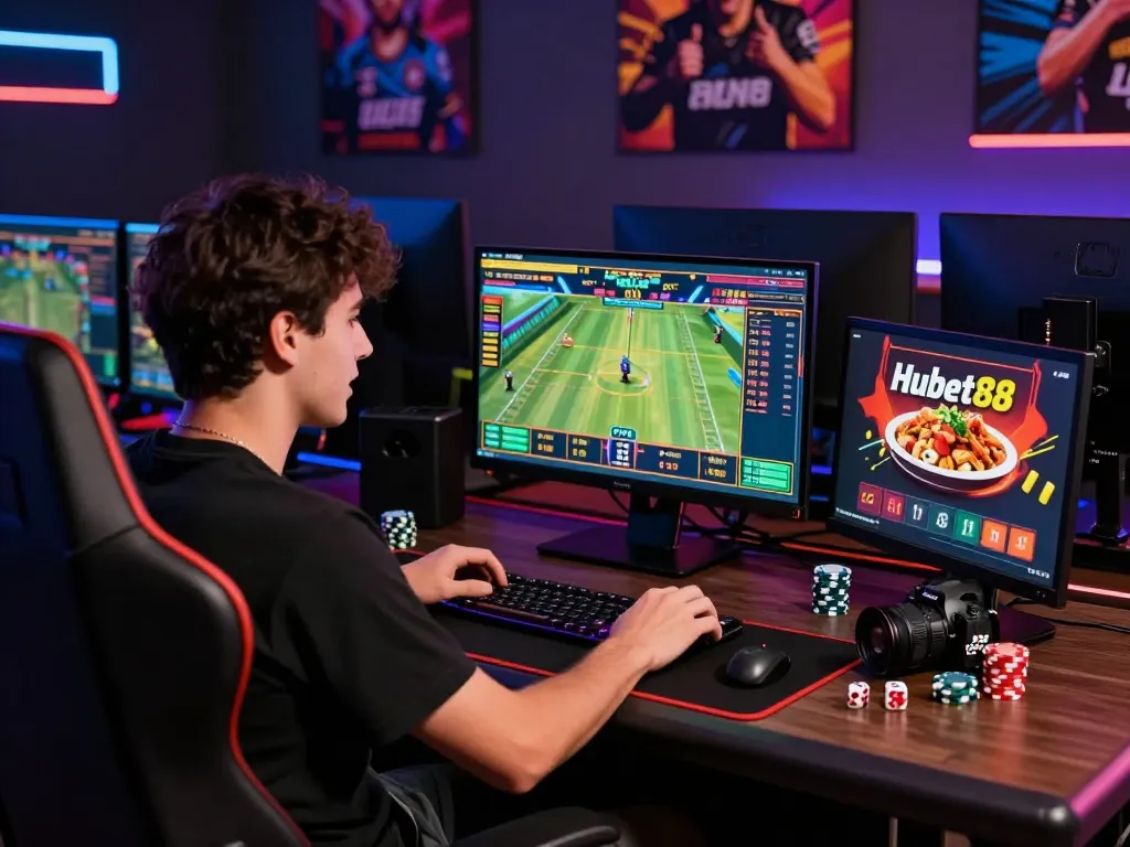 TIN TỨC hubet88 showcases an enthusiastic online gambler engaging with exciting promotions and live bets in a vibrant betting environment.
