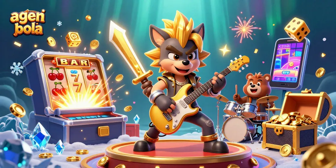 Engage with agen judi bola in a vibrant casino scene featuring a rock star wolf and wild drummer bear.