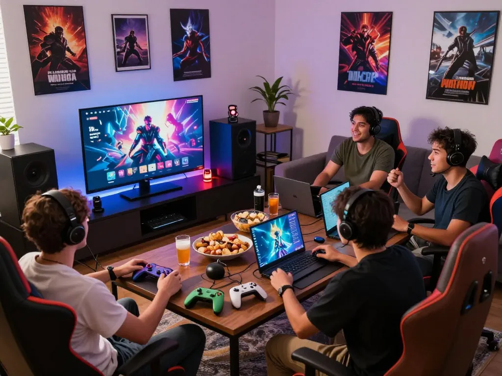 Friends enjoying an exciting gaming session at home, showcasing vegasslot77 gaming atmosphere.