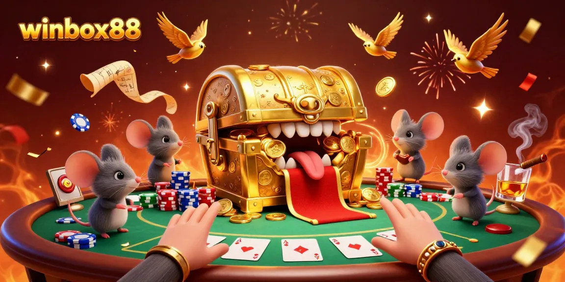 Experience the excitement at winbox88 with a vibrant 3D casino illustration filled with gold treasures and poker elements.