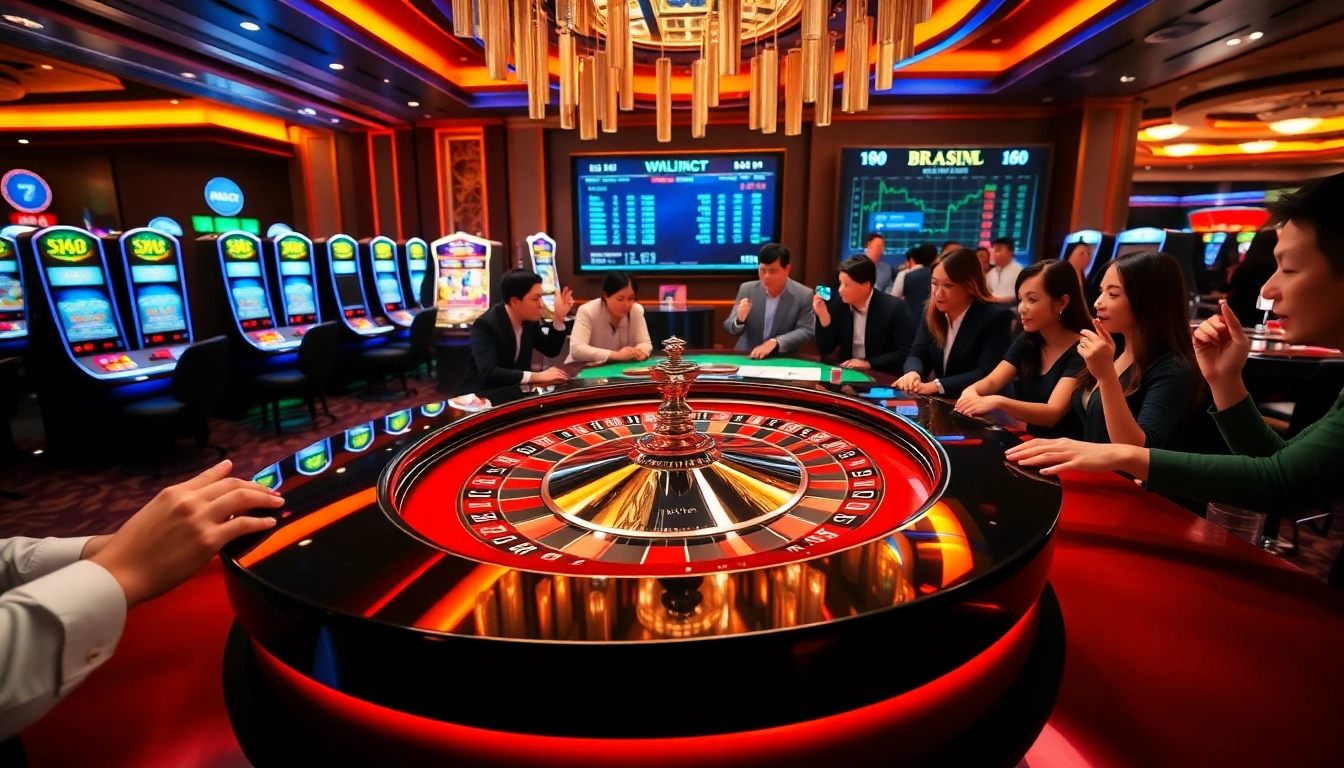Engaged players betting at a luxurious RR 88 roulette table amidst vibrant casino elements.