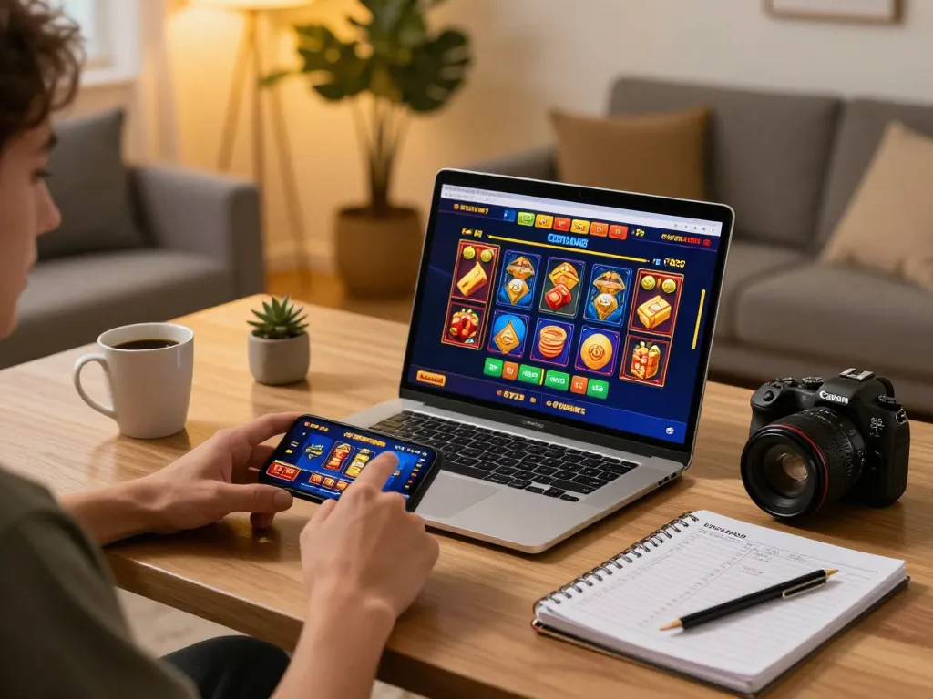Engaging online gambling scene featuring laptop and smartphone with depo 25 bonus 25 slot game interface.