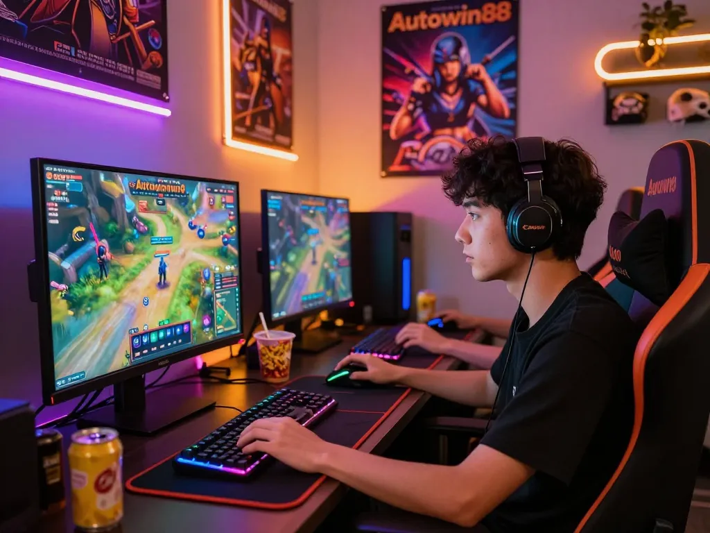 Engaged player at Autowin88 gaming setup showcasing vibrant graphics and atmosphere for an exciting online gaming experience.