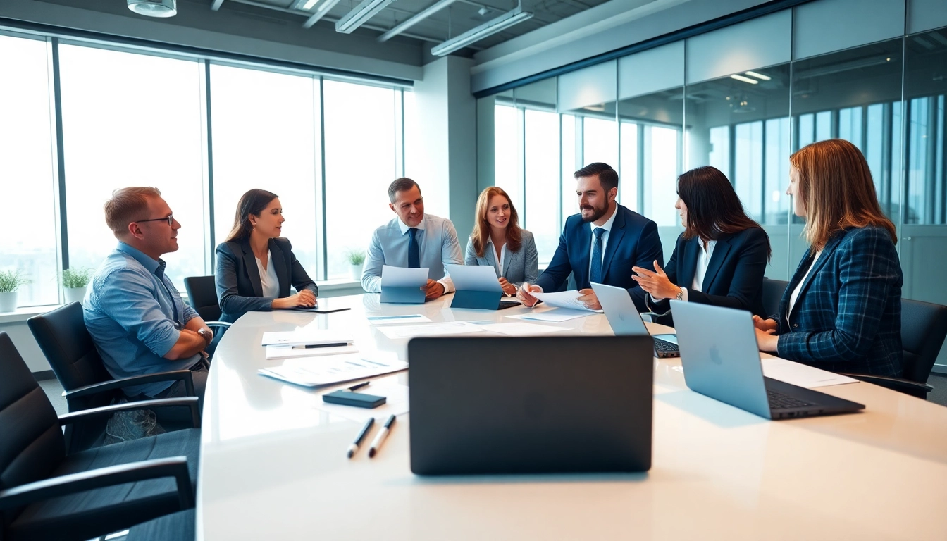 Collaborative team discussing Federal and State contracts in a professional office setting.