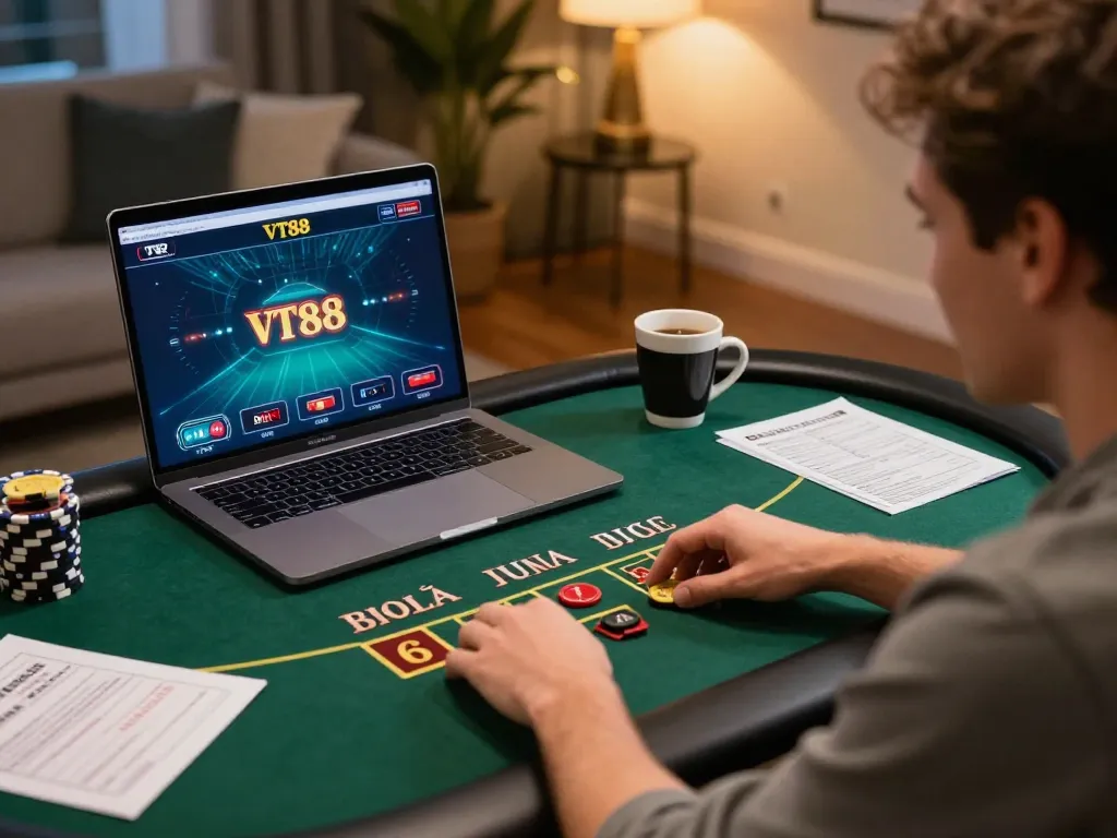 Engaged player using VT88 online casino platform for blackjack gameplay at home.