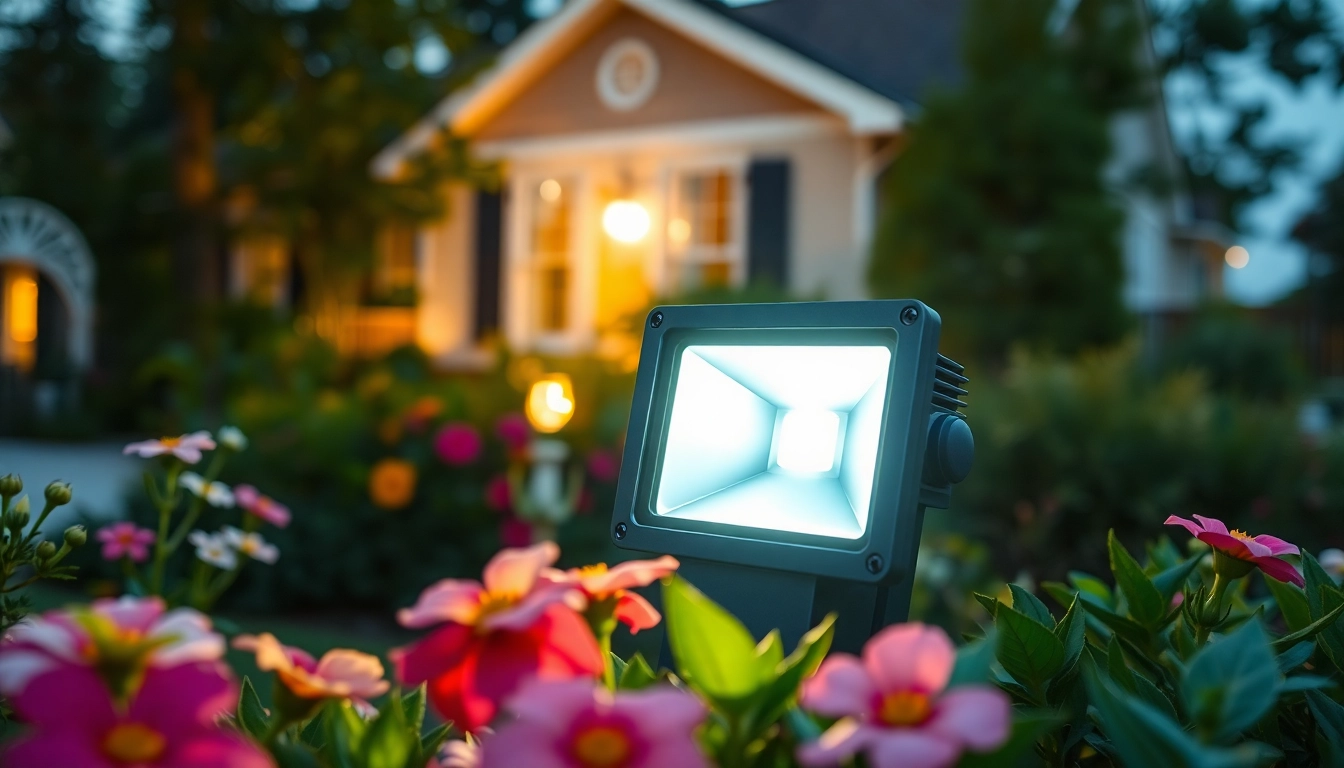 Een krachtige led breedstraler verlicht een tuin, benadrukt door bloemen en een zachte achtergrond.