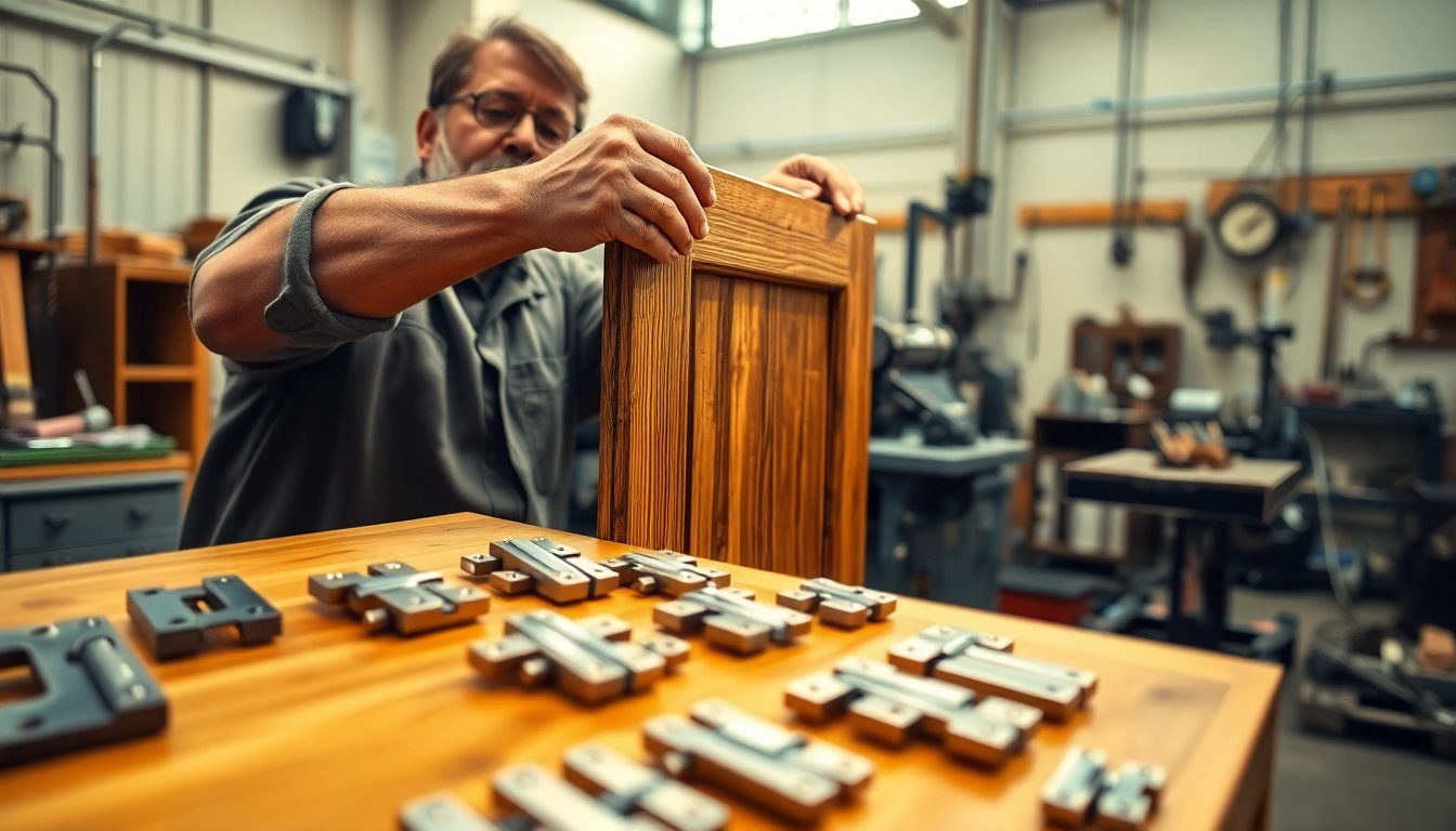View of skilled artisan by Cabinet Hinge Manufacturers adjusting a high-quality hinge on wooden cabinet.