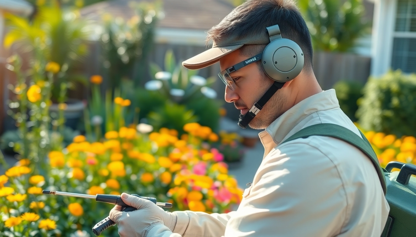 Providing insect control service near me, a technician inspects a backyard garden for pests.