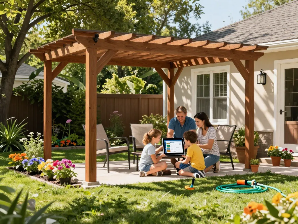 Family using pergola configurator software to design a custom outdoor pergola in their backyard.