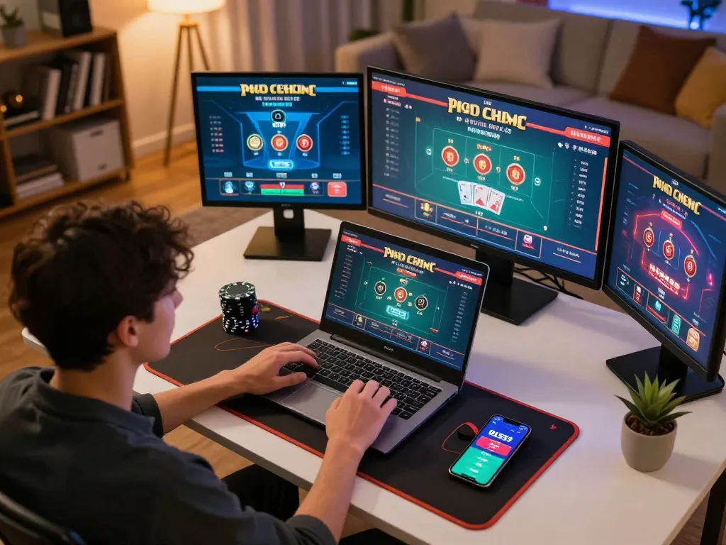 Player enjoying online baccarat on BL555, showcasing strategic gameplay in cozy home setting.