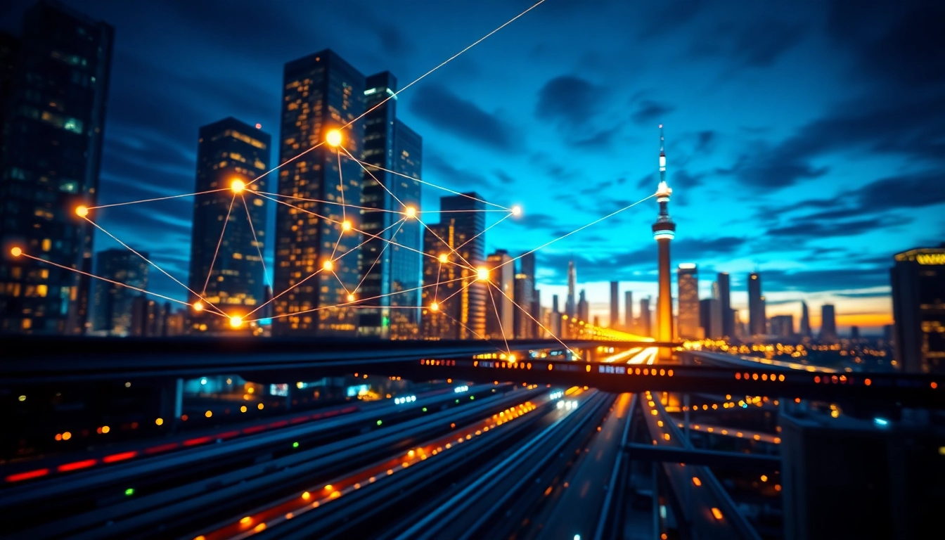 Visual representation of WAN connectivity with dynamic network nodes and city skyline