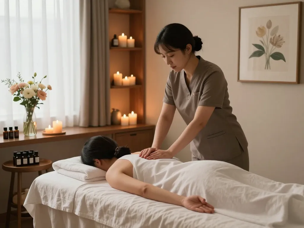 Calm spa room showcasing 삼성동마사지 with massage therapy setup, candles, and essential oils.