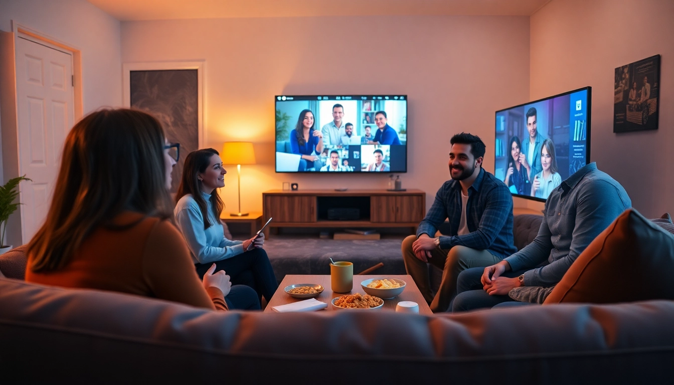 Enjoying the latest web series online in a stylish living room setup with snacks and vibrant colors.