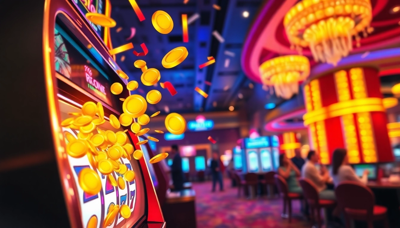 Explore no deposit bonuses with a vibrant casino scene, featuring exciting slot machines and animated coins.