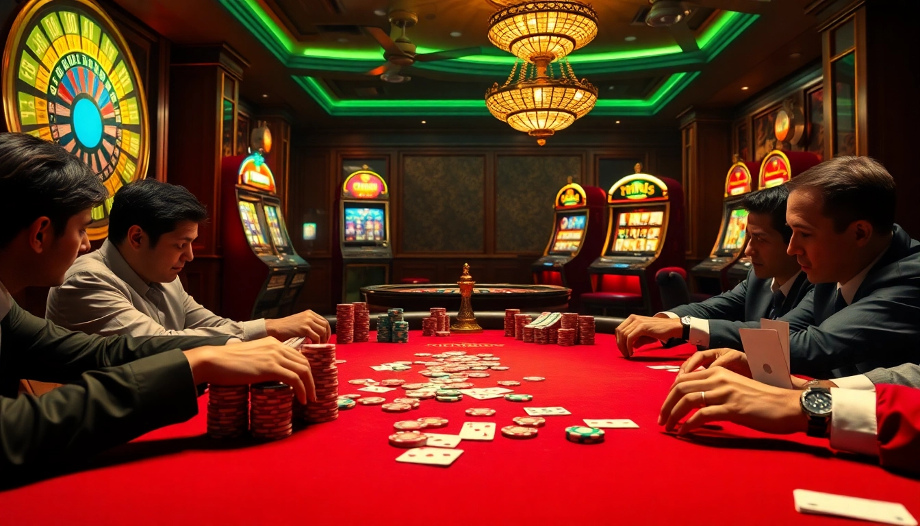 A thrilling poker game at xin88 with colorful chips and glimmering roulette wheel.