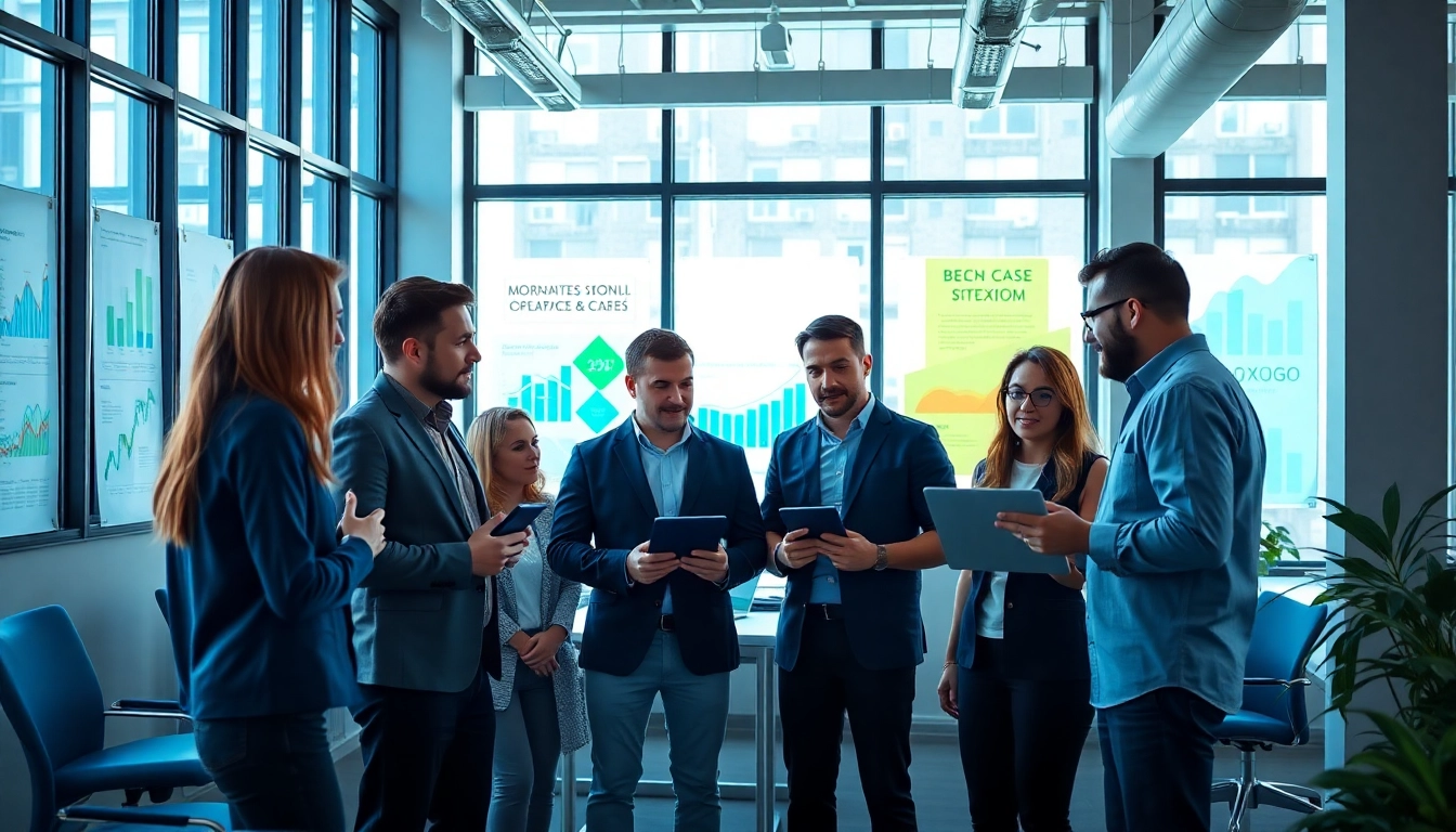 A digital marketing company teamwork in a vibrant office, highlighting collaboration and innovation.