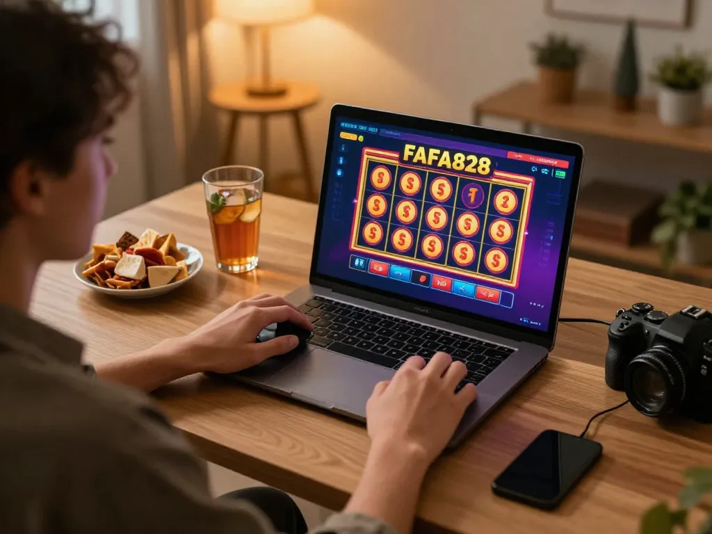 Player engaging with FAFA828 online slots on a cozy home gaming setup, showcasing dynamic gameplay.